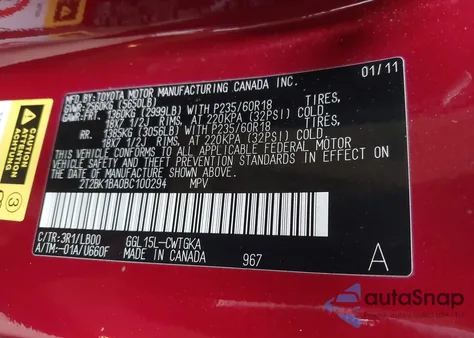 2011 Lexus Rx 350 from USA, damaged, VIN 2T2BK1BA0BC100294